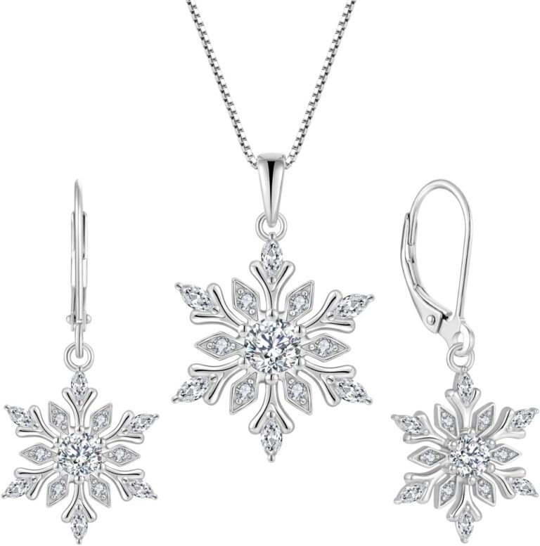 925 Sterling Silver Snowflake Earring Necklace for Women Snowflake Leverback Earrings Drop & Dangle Earrings Necklace,Christmas Jewelry Set