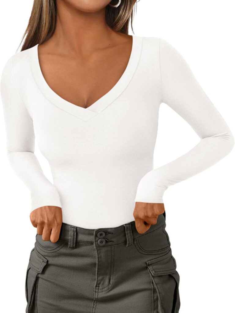 PRETTYGARDEN Long Sleeve Shirts for Women 2025 Fall Fashion V Neck Going Out Tops Slim Fit Basic Tees Y2K Clothes