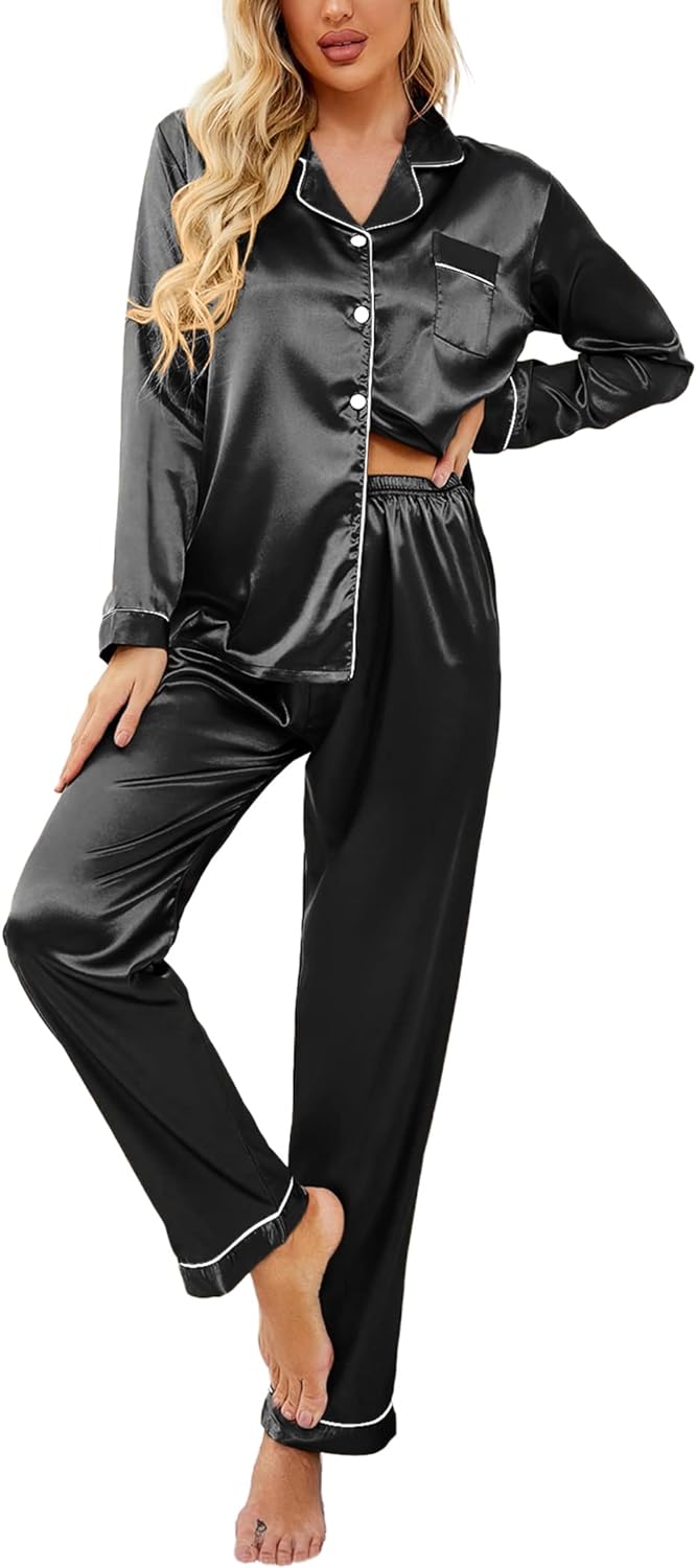 Ekouaer Women’s Classic Button Down Long Satin Silk Pajama Set