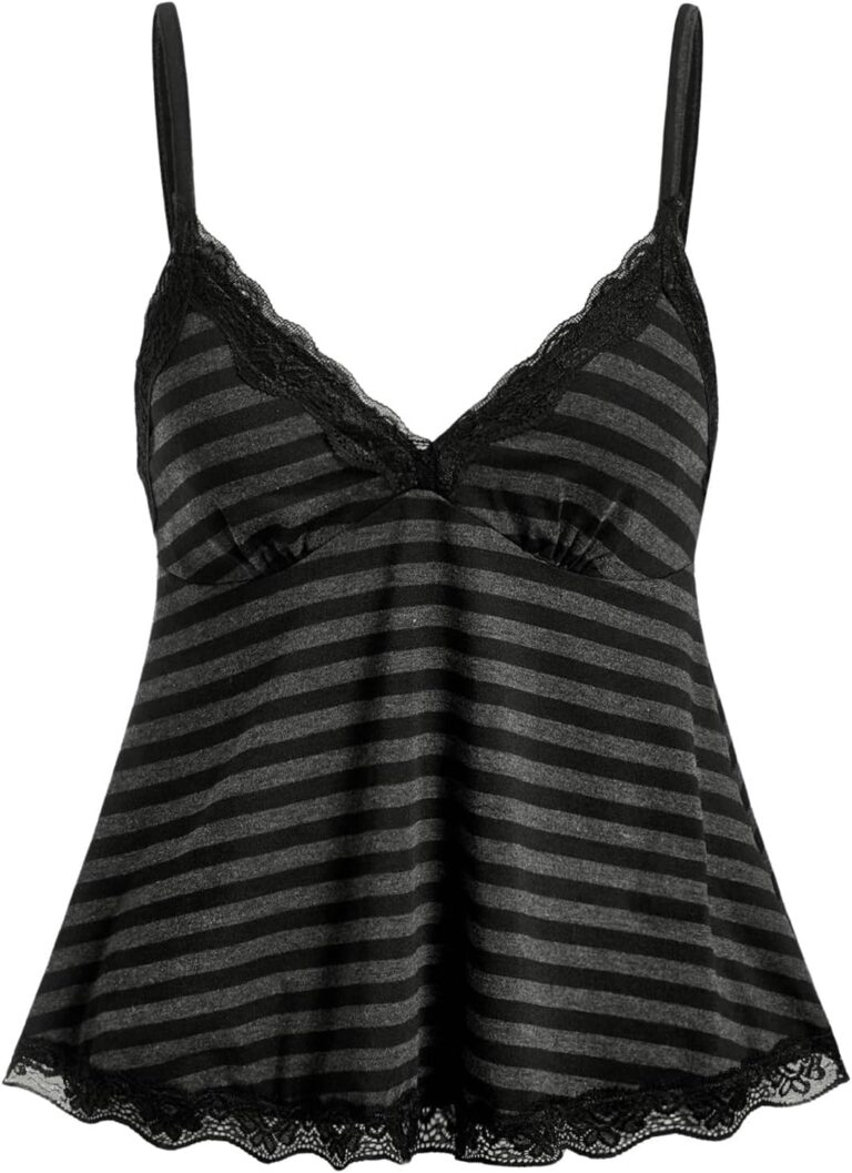 SOLY HUX Womens Y2K Lace Cami V Neck Sleeveless Striped Shirt Spaghetti Strap Camisole Gothic Tops