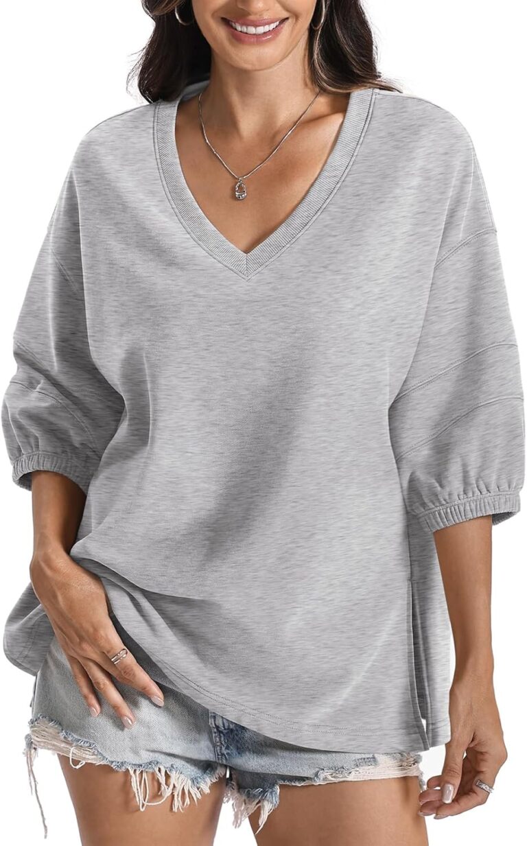 Womens Cotton V Neck Sweatshirt 3/4 Sleeve Slouchy Fit Tops Trendy Slit Shirt Casual Fall Lightweight Outfits